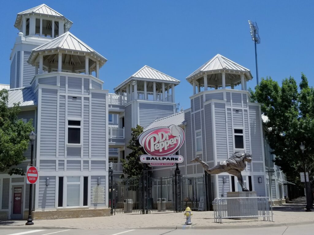 Entrance to Dr. Pepper Ballpark in Frisco Texas circa 2018. This is the home ballpark for the Frisco Roughriders. They are the AA minor league affiliate of the Texas Rangers.