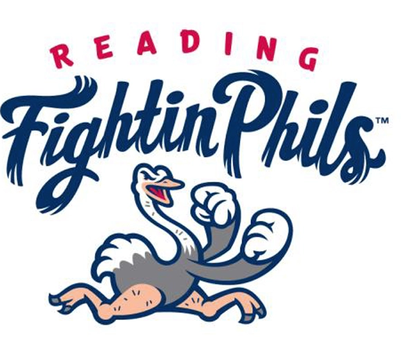Reading Fightin' Phils logo with an ostrich in a boxing stance and fists up reading to fight. 