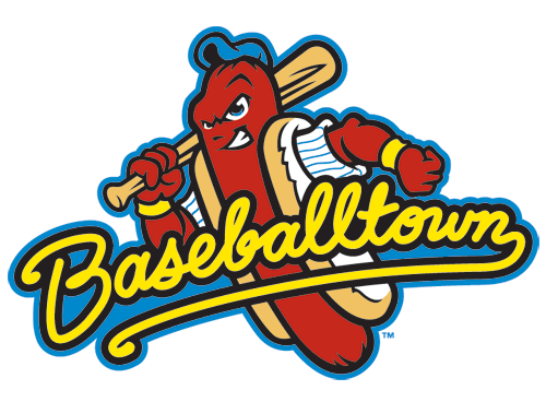 Baseballtown logo, nickname for the area/stadium that the Reading Fightin' Phils play. A hot dog with an intense looking face holding a bat over its shoulder. Baseballtown is written in script in what I assume the artist was trying to make look like mustard.