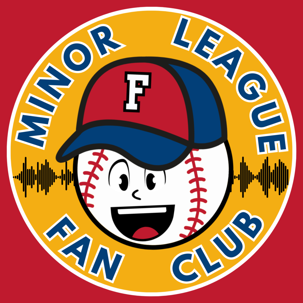 Minor League Fan Club Logo with a smiling baseball mascot with a hat on with the letter "f" on it. The name Minor League Fan Club circles the the logo with soundwaves behind the baseball.